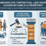 Infografía resumen sobre responsabilidad contractual: pasos para reclamar, tipos de incumplimiento y conceptos de indemnización en España.