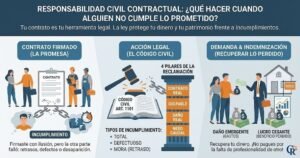 Infografía resumen sobre responsabilidad contractual: pasos para reclamar, tipos de incumplimiento y conceptos de indemnización en España.