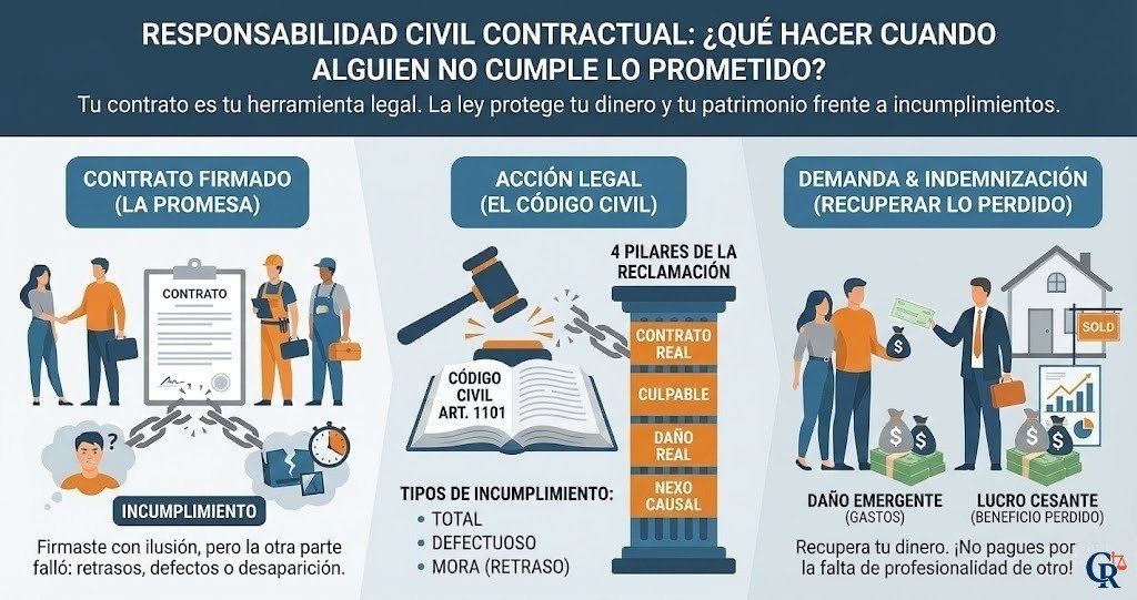 Infografía resumen sobre responsabilidad contractual: pasos para reclamar, tipos de incumplimiento y conceptos de indemnización en España.