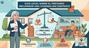 Infografía detallada de las 3 fases legales para el desahucio por precario entre familiares: Burofax, Demanda judicial y Lanzamiento.
