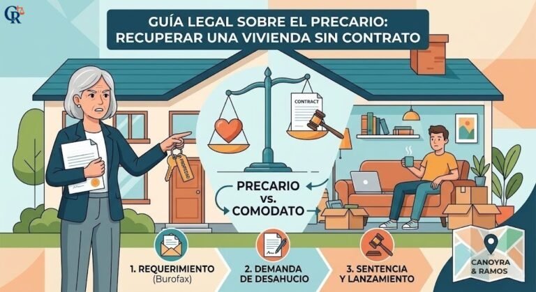 Infografía detallada de las 3 fases legales para el desahucio por precario entre familiares: Burofax, Demanda judicial y Lanzamiento.