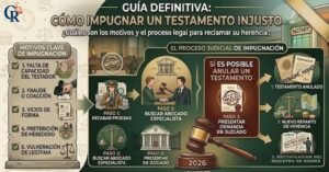 Infografía detallada sobre los motivos y pasos legales para impugnar un testamento injusto en España según el Código Civil.
