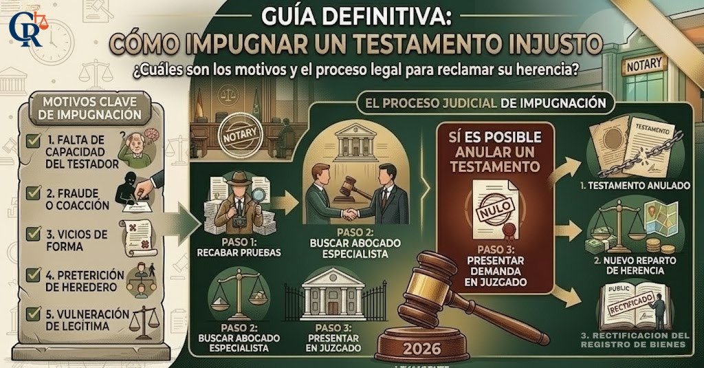 Infografía detallada sobre los motivos y pasos legales para impugnar un testamento injusto en España según el Código Civil.