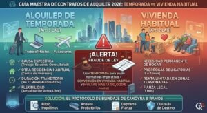 Infografía comparativa 2026: Diferencias clave entre alquiler de temporada y vivienda habitual en Madrid para evitar el fraude de ley. Muestra requisitos de causalidad y riesgos.