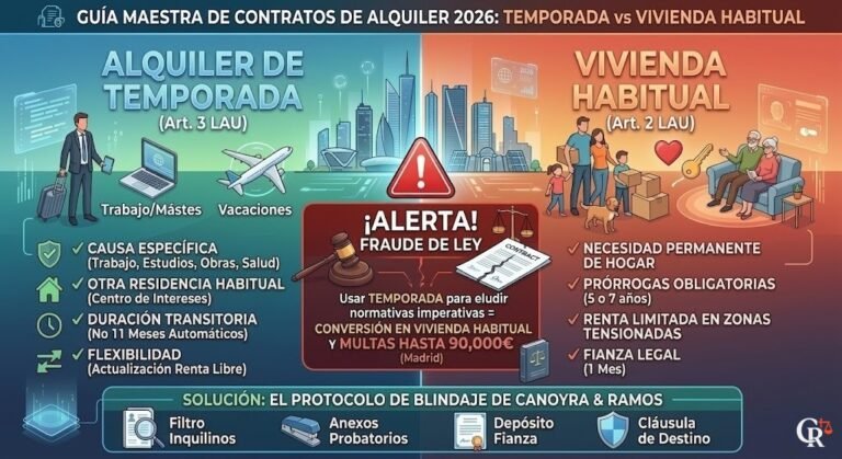 Infografía comparativa 2026: Diferencias clave entre alquiler de temporada y vivienda habitual en Madrid para evitar el fraude de ley. Muestra requisitos de causalidad y riesgos.