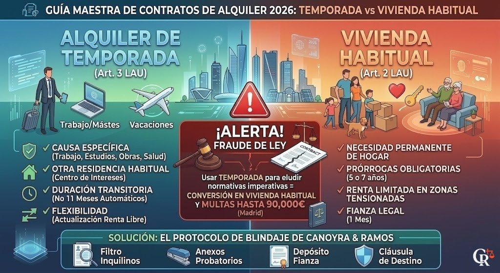 Infografía comparativa 2026: Diferencias clave entre alquiler de temporada y vivienda habitual en Madrid para evitar el fraude de ley. Muestra requisitos de causalidad y riesgos.