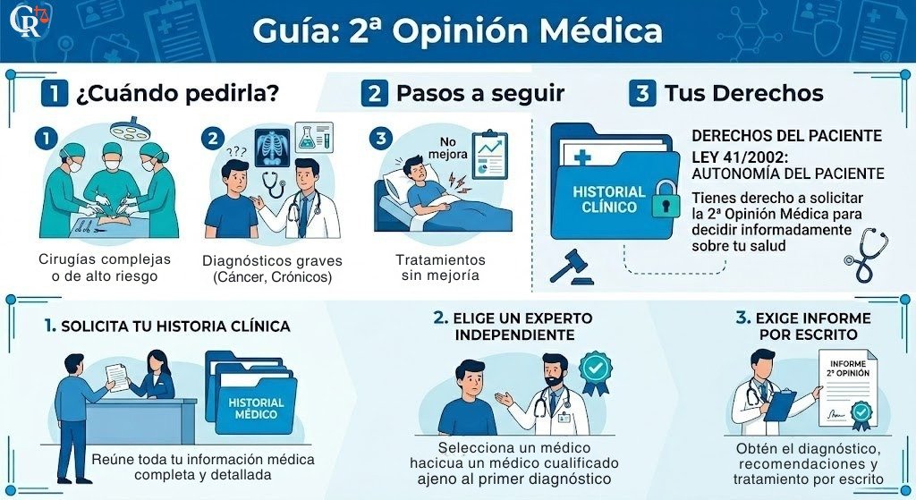 Infografía de 4 pasos para solicitar una segunda opinión médica: 1. Recopilar historial clínico completo. 2. Buscar un especialista médico independiente. 3. Realizar la consulta sin revelar el diagnóstico previo. 4. Valorar resultados con asesoría legal en caso de discrepancia.