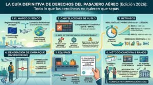 Infografía resumen sobre derechos del pasajero aéreo 2026: cuantías de indemnización por retraso, cancelación y overbooking según el Reglamento Europeo y Convenio de Montreal.