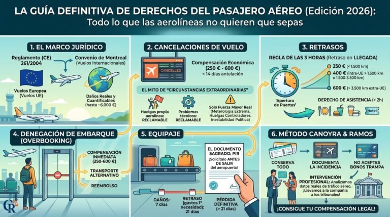 Infografía resumen sobre derechos del pasajero aéreo 2026: cuantías de indemnización por retraso, cancelación y overbooking según el Reglamento Europeo y Convenio de Montreal.
