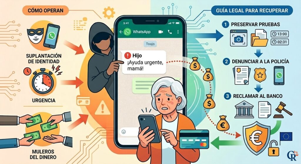 Infografía detallada sobre cómo denunciar la estafa del hijo en apuros por WhatsApp y reclamar la devolución del dinero al banco.
