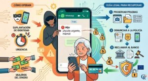 Infografía detallada sobre cómo denunciar la estafa del hijo en apuros por WhatsApp y reclamar la devolución del dinero al banco.